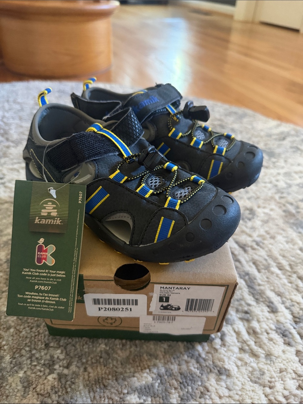 Kamik Kids Mantaray Black Sandals with Blue and Yellow Accents
